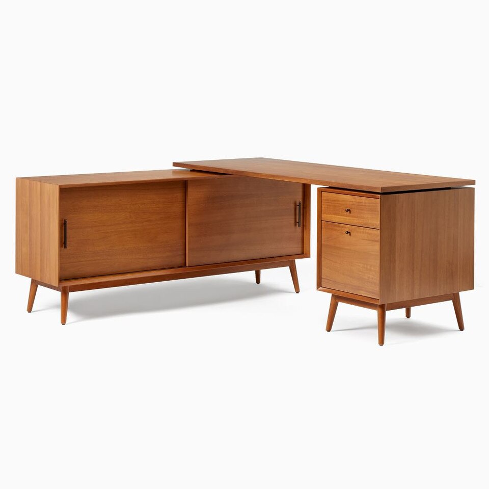 MidCentury Modular LShaped Desk w/ File & Bookcase (178 cm